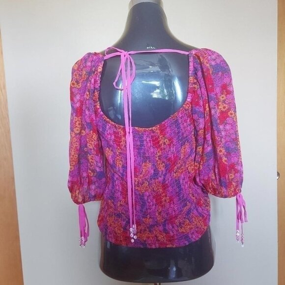 Fairycore Crop Top Smocked Puff Sleeve Vibrant Floral XL - Picture 6 of 11